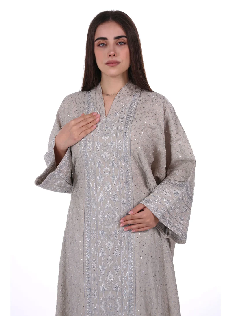 AL BENT AL SHARQIEH khaki beige Embroidered Linen Jalabiya dress with unvisible belt for Women | Best Price UAE